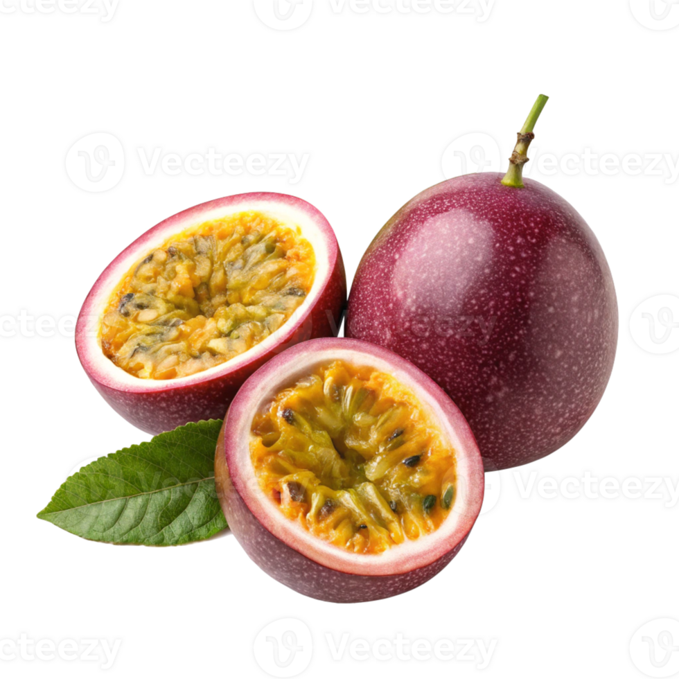 Ripe passion fruits with seeds and leaf png