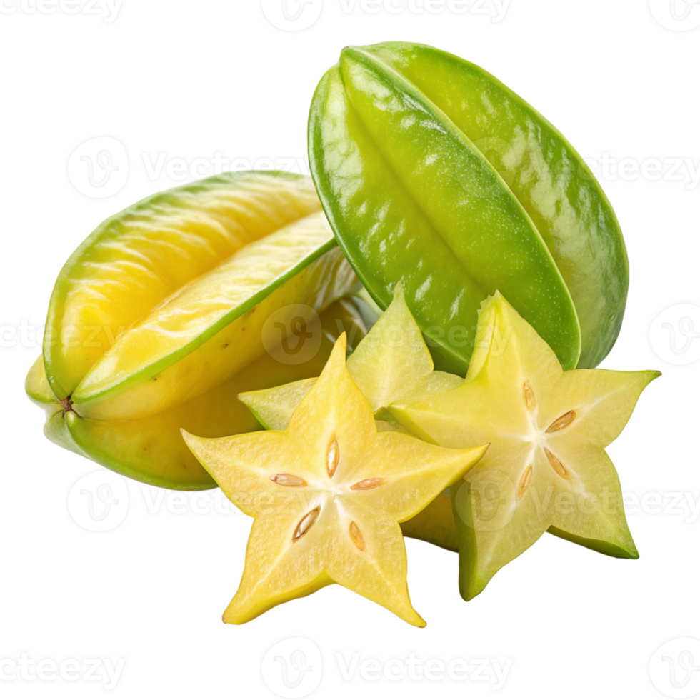 Fresh star fruit whole and sliced carambola png