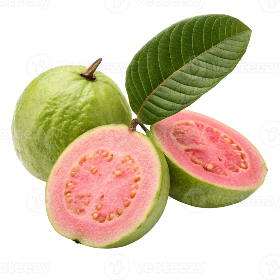 Fresh guavas with leaf whole and halved png