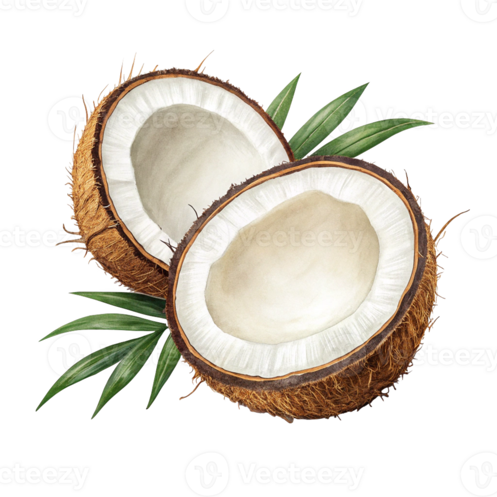 Two halves of fresh coconut with palm leaves png