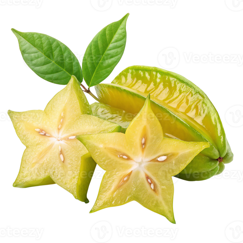 Fresh star fruits with green leaves png