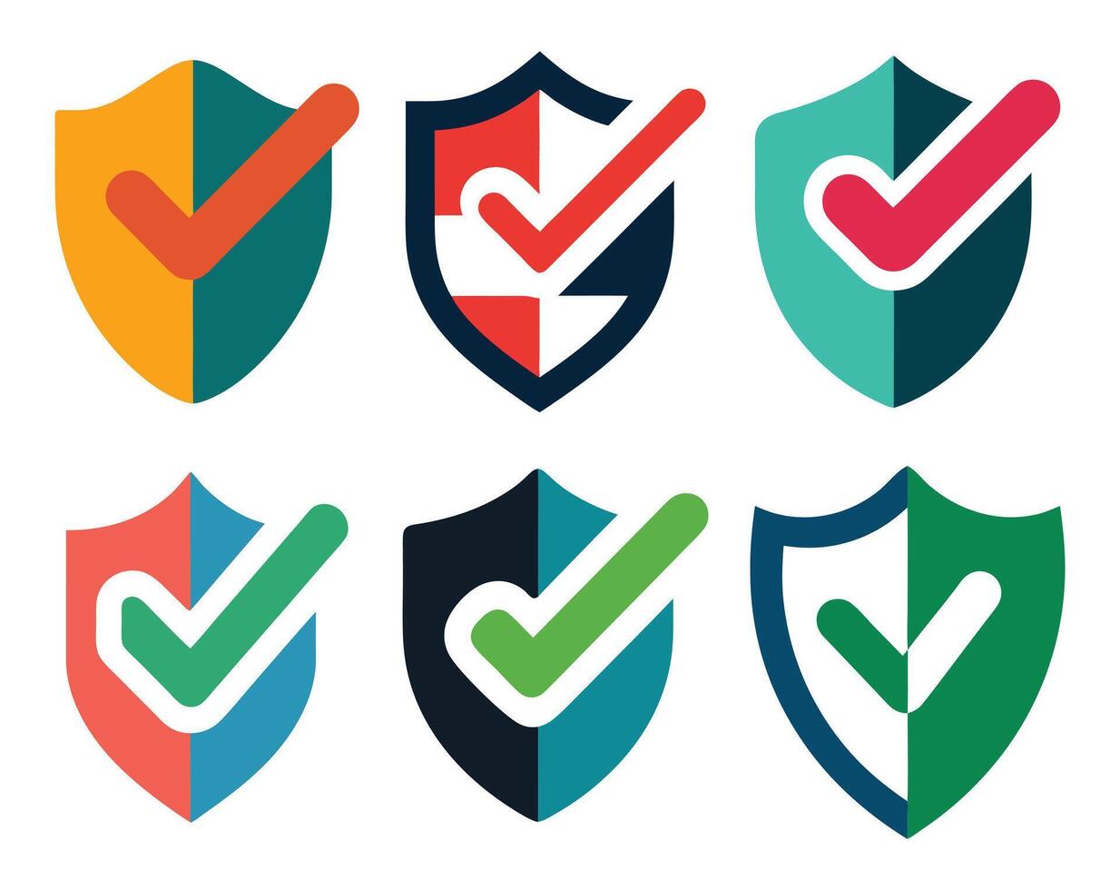 a set of six different colored shields with a tick mark a white background vector