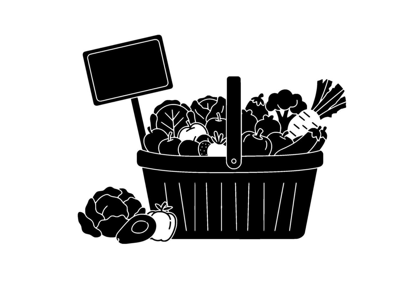 Farm Market Basket Black and White Produce Icons vector