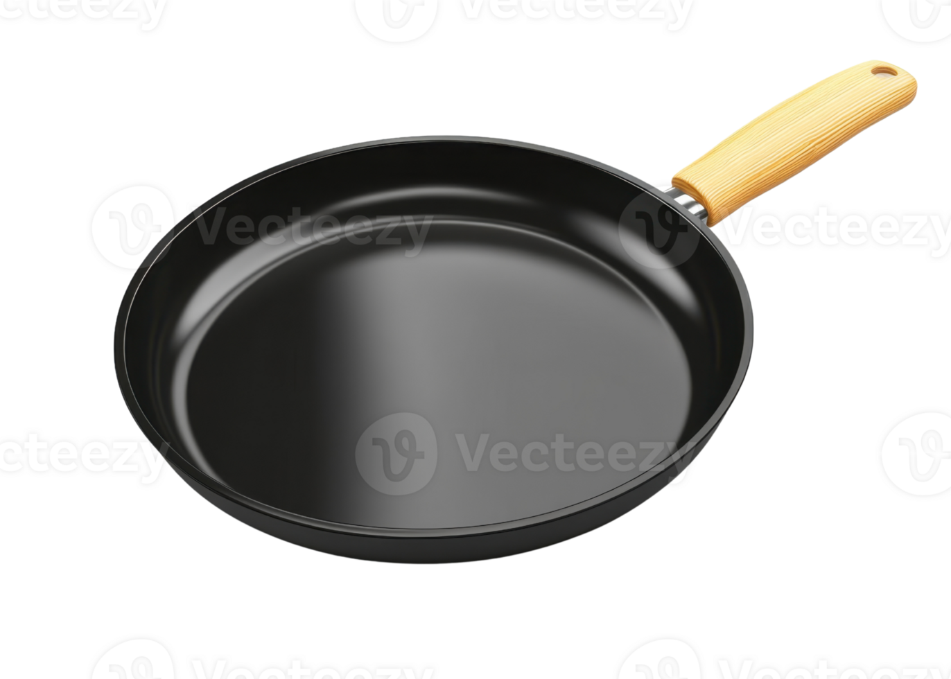Black frying pan with wooden handle isolated on transparent background png