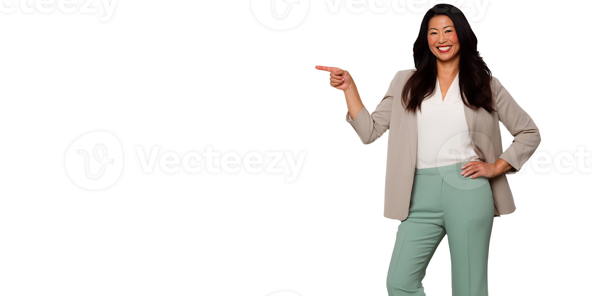 A woman in a suit pointing at something png