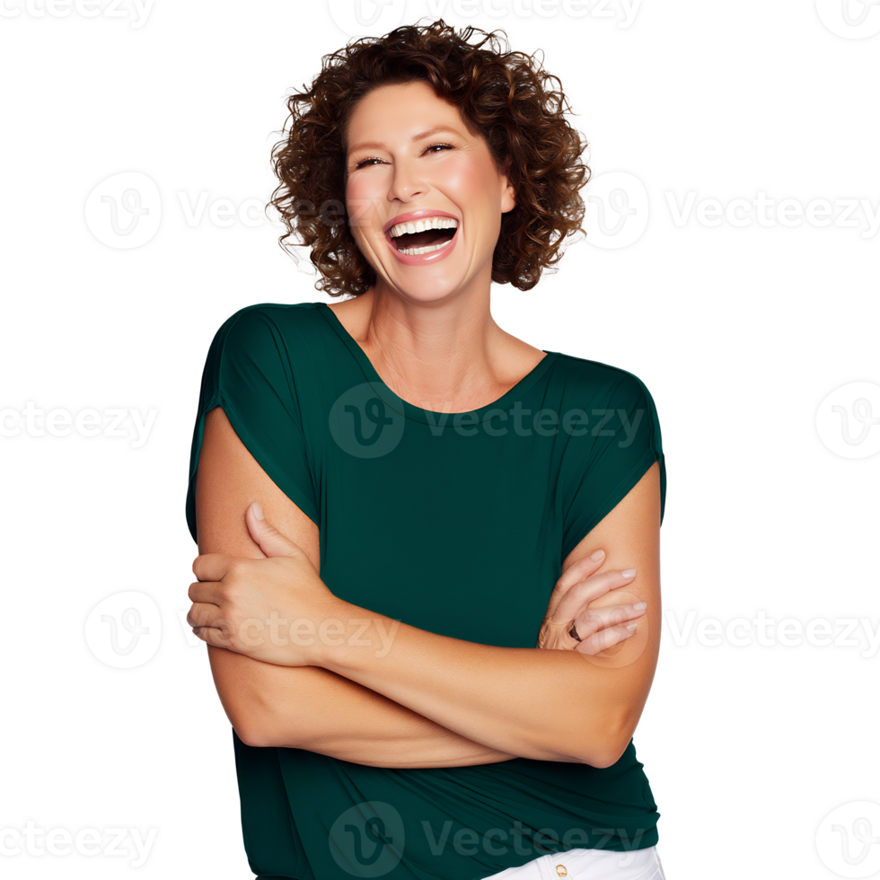 A woman with curly hair and a green shirt png