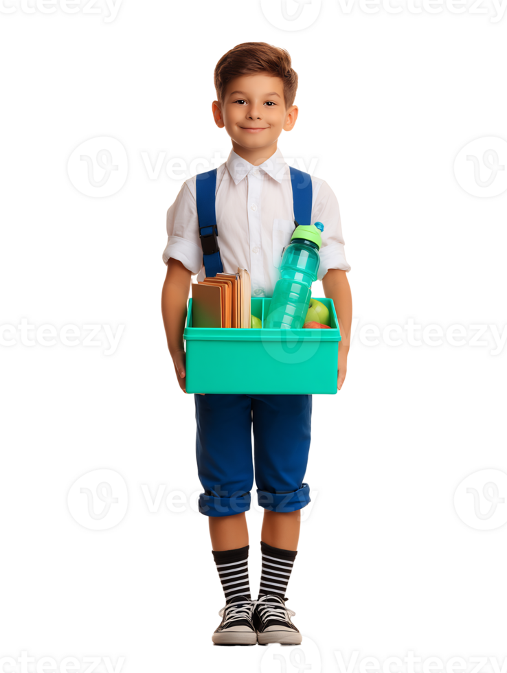 A boy in overalls holding a green box with school supplies png
