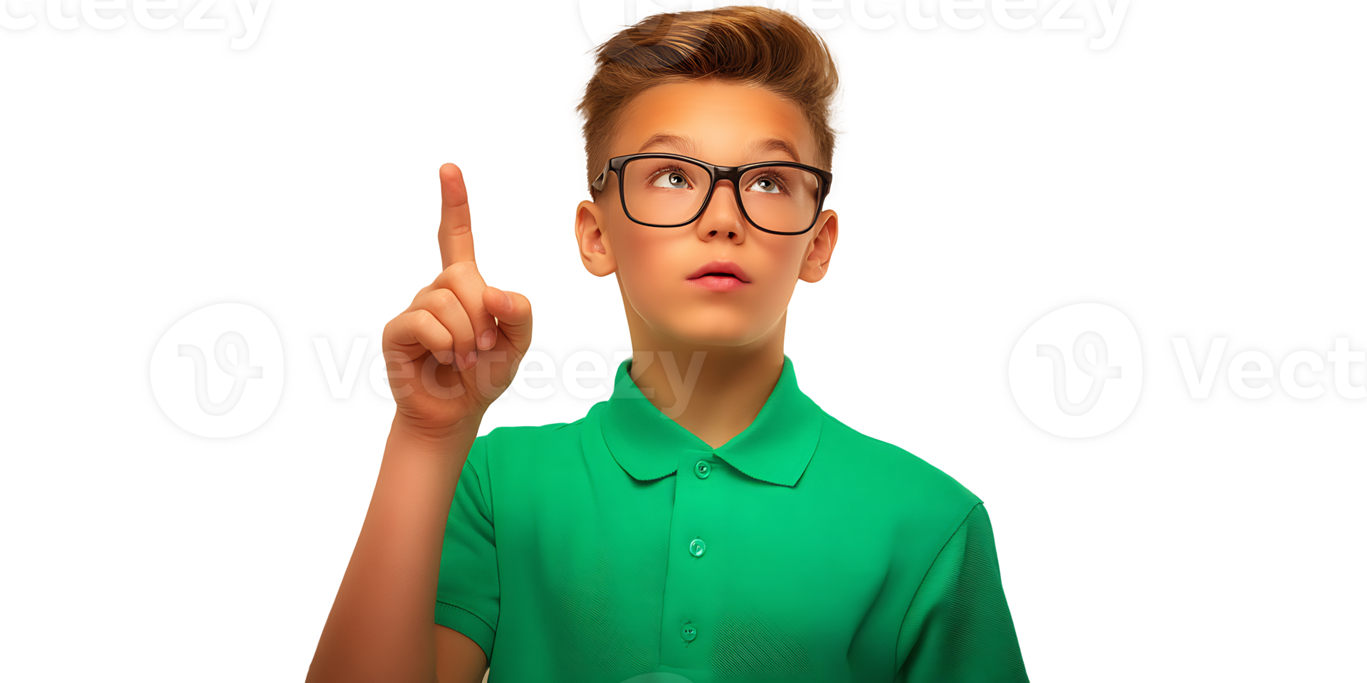 A boy wearing glasses pointing at something png
