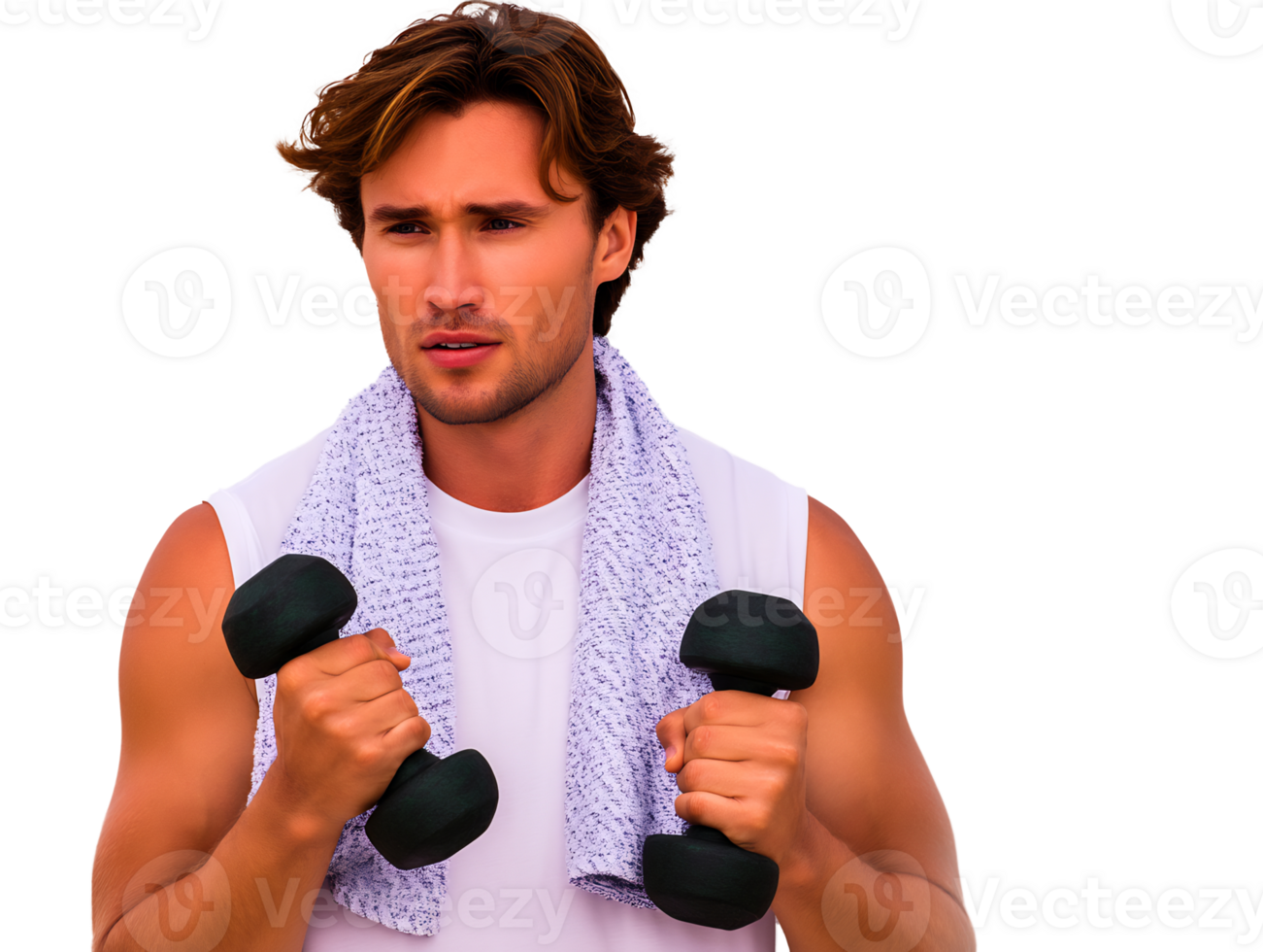A man holding two dumbbells while wearing a towel png