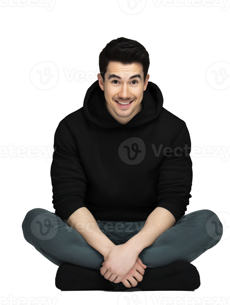 A man in a black hoodie sitting on the floor png