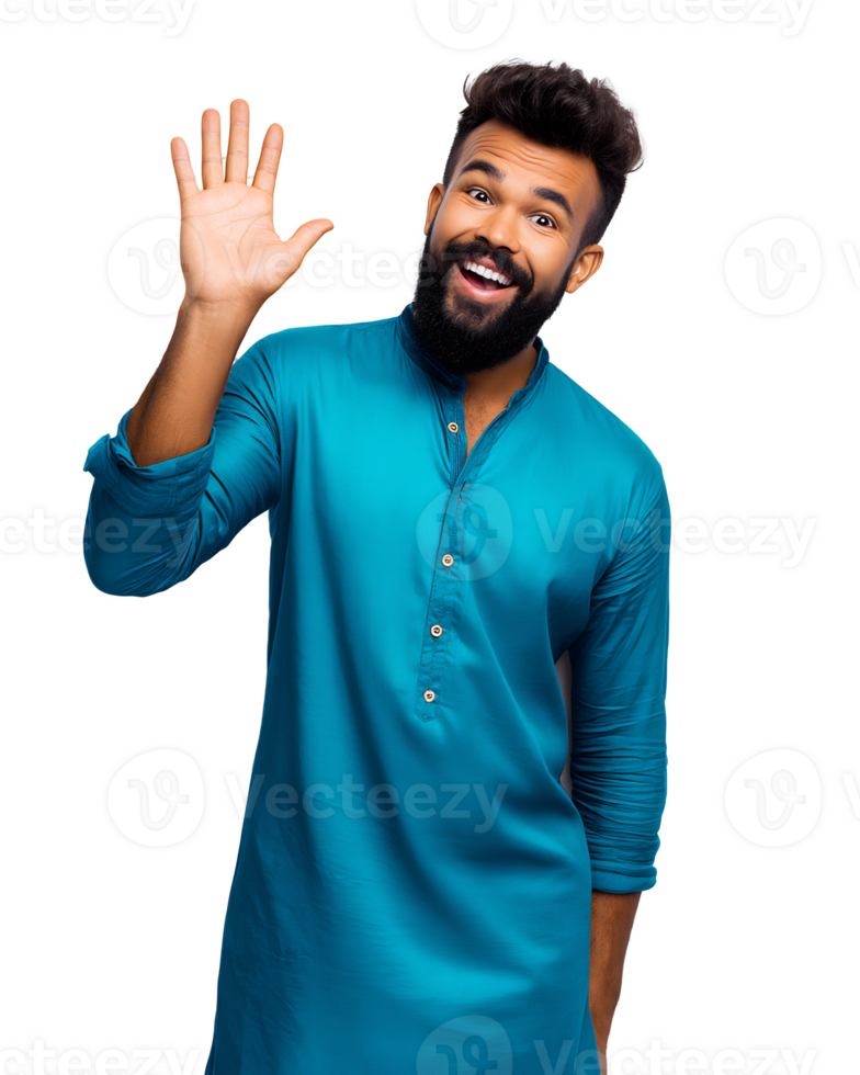 A man with a beard and a blue shirt waving png