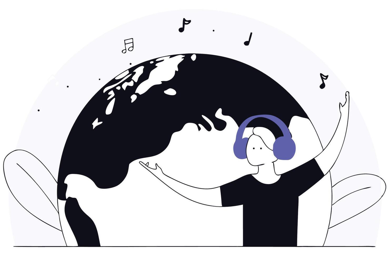 Person with headphones enjoying music around the earth globe with musical notes in a vibrant global soundscape vector