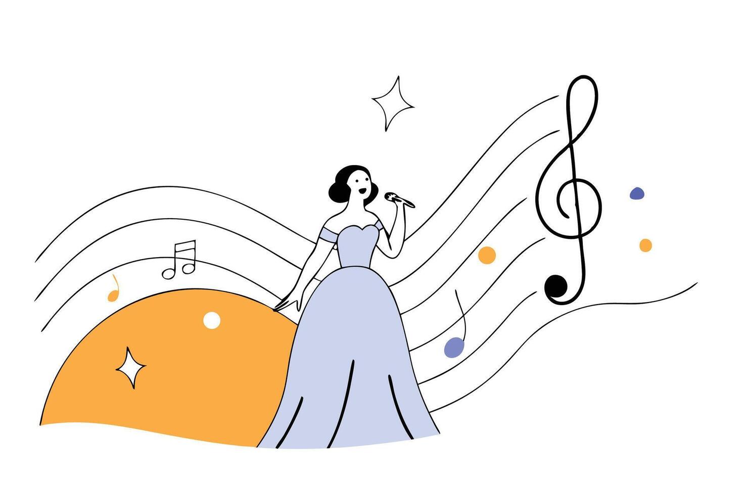 Woman in blue dress passionately singing with a colorful world music theme representing joy and artistic expression vector