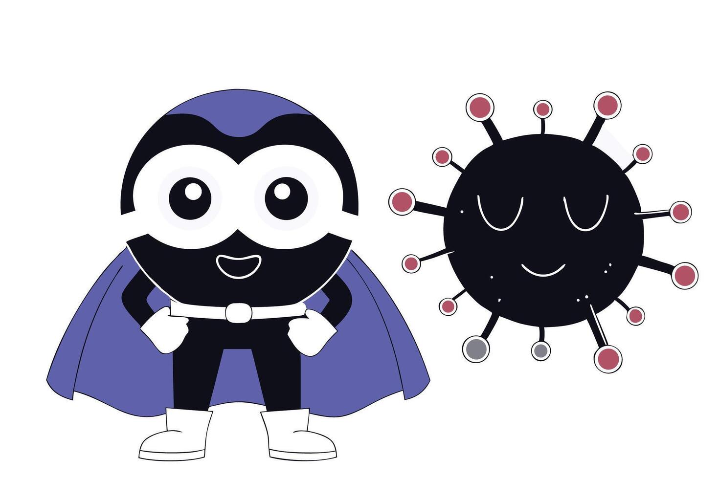 Happy Green Virus Character Dressed as a Superhero with Big Eyes in a Cartoon Style vector