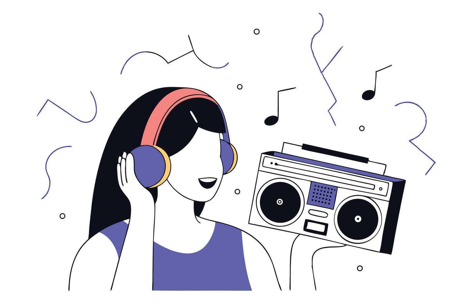 Woman listening to music celebrating World Music Day with joyful expression and a lively global sound environment vector