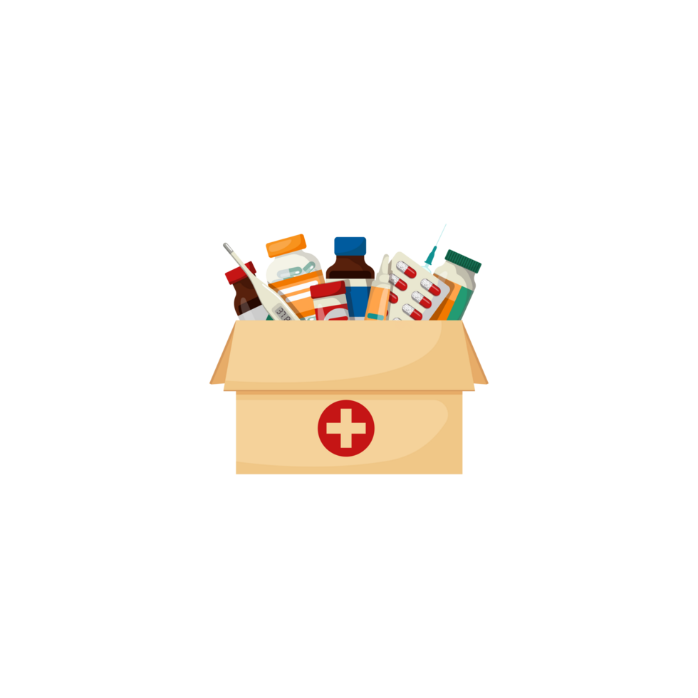 An open box with medicine and other items png