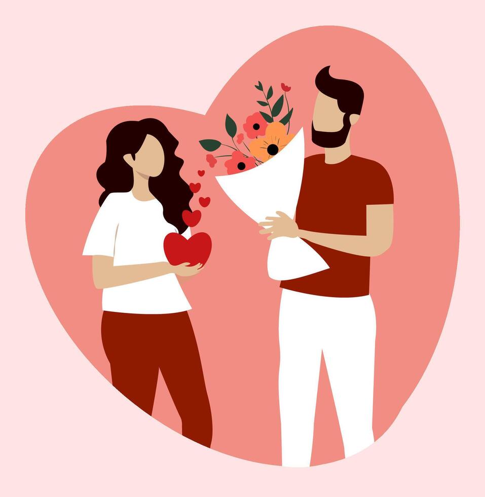 Couple exchanging gifts on Valentines Day with heart and flower bouquet in illustration vector