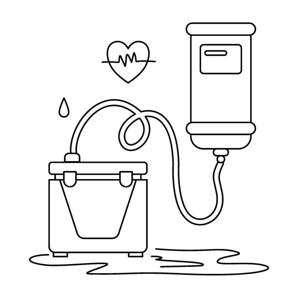 Flat line illustration showing an IV bag, heart monitor, and bucket for medical waste collection. Great for healthcare procedures, clinic settings, nursing, or medical waste management vector