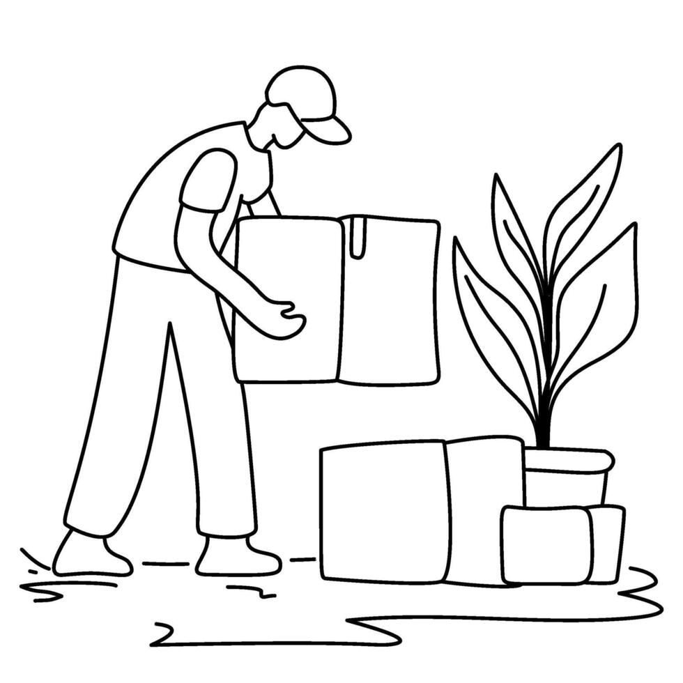 Man moving boxes and plants. A mover carries multiple items, showing the effort of relocation. Ideal for illustrating heavy lifting or moving services. The scene is active and efficient. vector