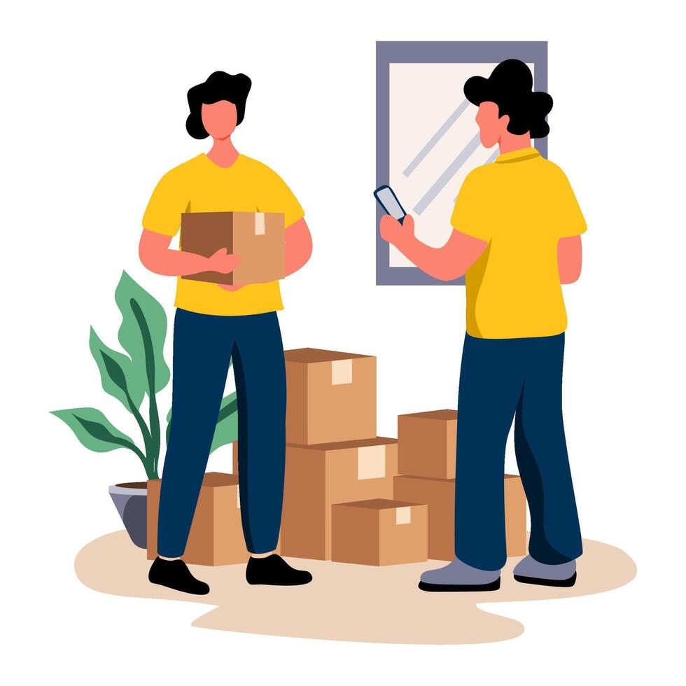 Flat illustration of two people standing with boxes, a mirror, and a plant. Excellent for UI kits, team moving, delivery partnerships, or relocation services. Illustrates collaborative vector