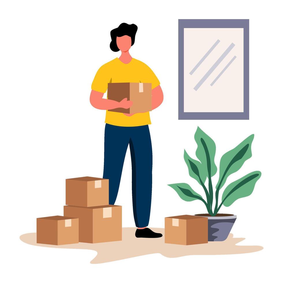 Flat illustration of a person holding a box and a plant next to a mirror. Ideal for UI kits, moving services, home delivery, or packing guides. Shows careful, organized relocation. vector