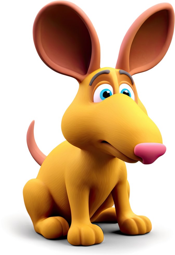 A whimsical, golden cartoon dog with big ears sits, looking contemplative and slightly melancholic. png