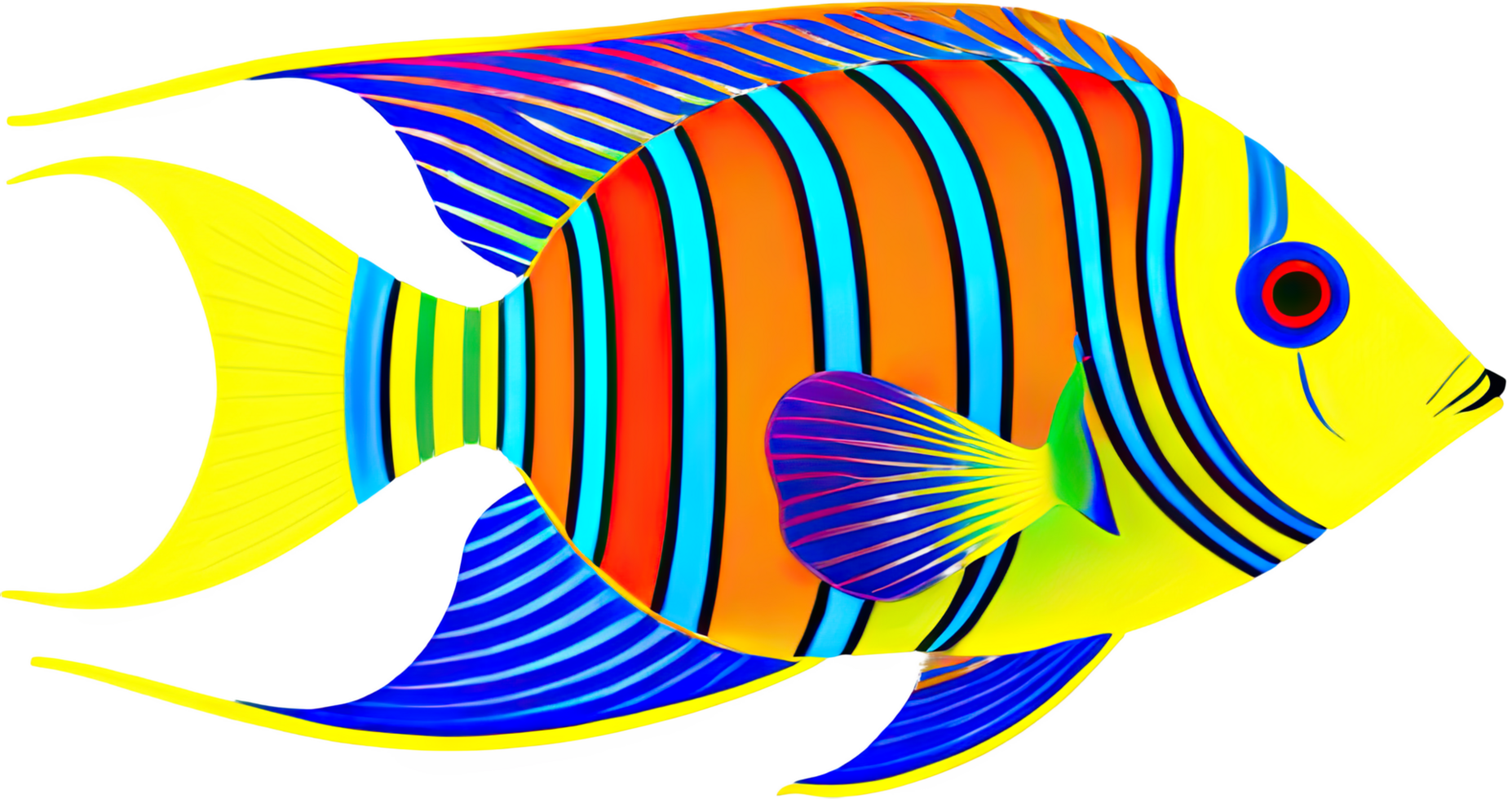 A vibrant, colorful digital illustration of a stylized tropical fish with bold, playful patterns. png