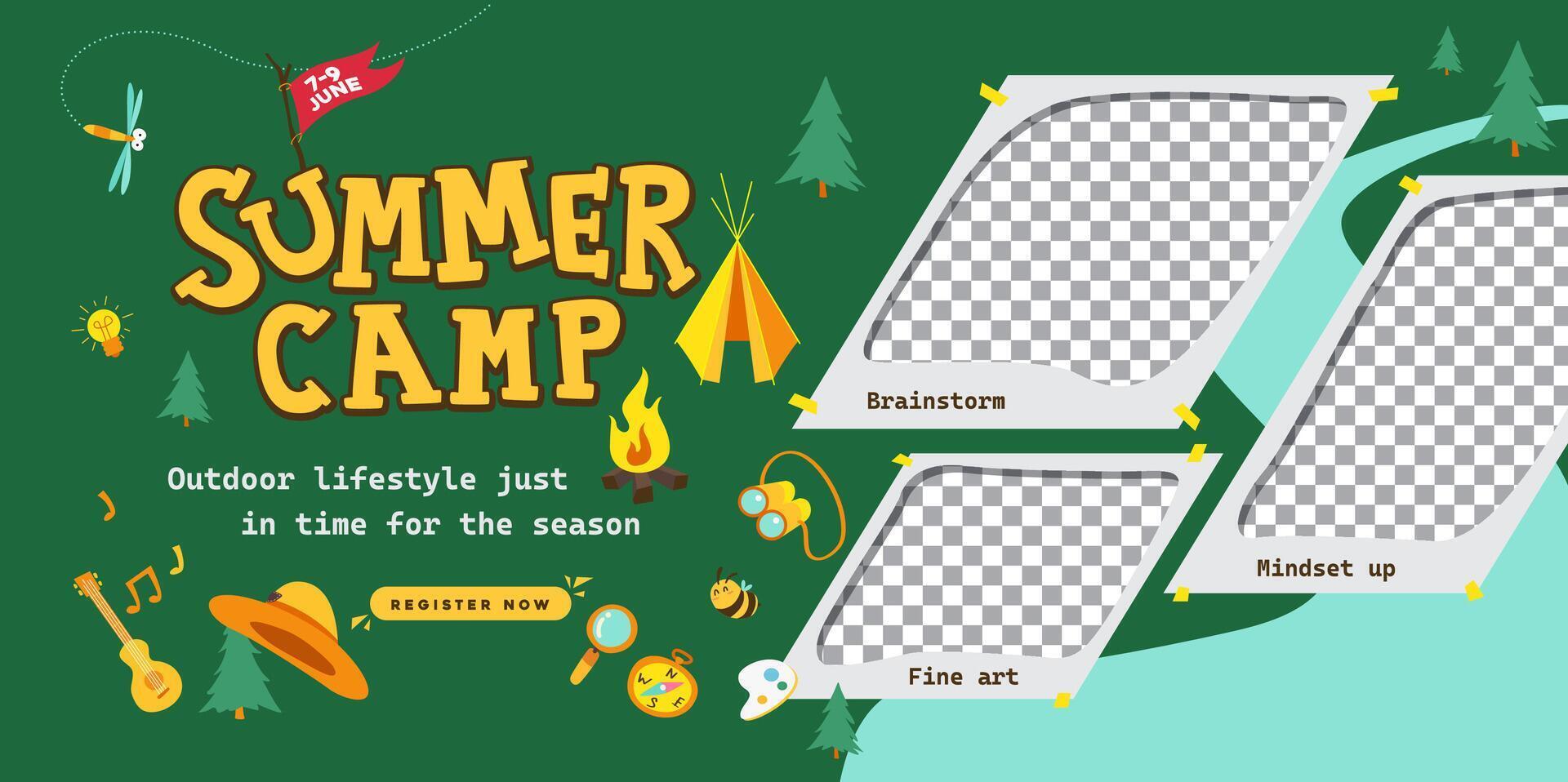 Creative summer camp poster with forest background paper frame layout and playful icons Perfect for kids events school activities and educational promotions vector