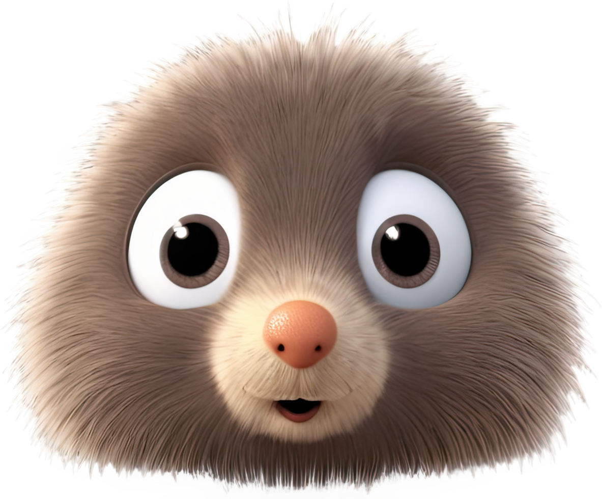 A furry, brown, animated creature with wide eyes stares forward with an excited expression here. png