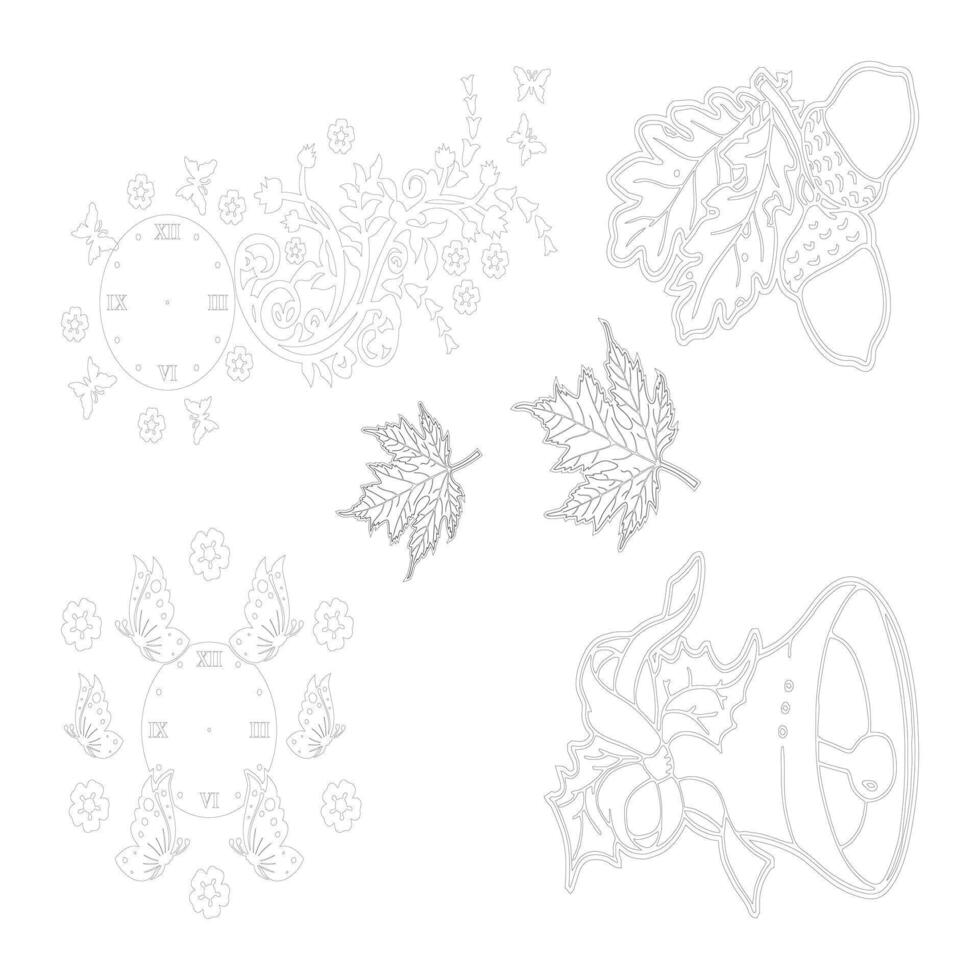 Decorative Outlines Featuring Clocks Leaves Acorns Bell Floral Elements Design Resources vector