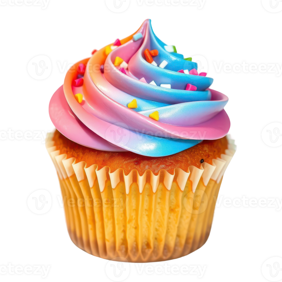 Colorful Cupcake with Swirled Rainbow Icing and Decorative Sprinkles png