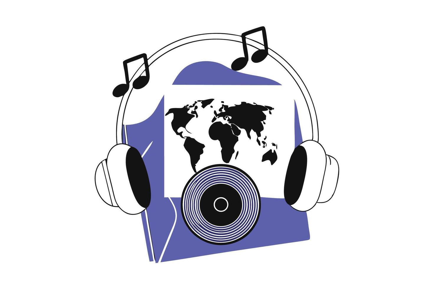 Vibrant music themed world map with headphones, vinyl record and notes design highlighting the universal language of music vector