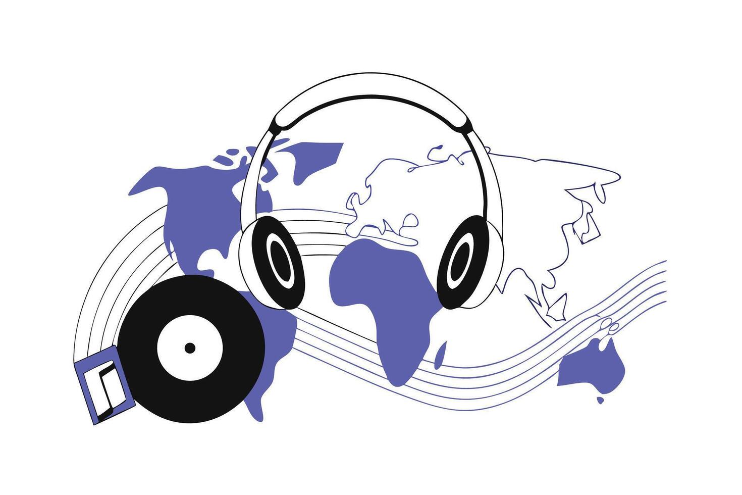 World Map with Headphones and Vinyl Record Featuring Music Notes Creating a Unique Global Music Experience vector