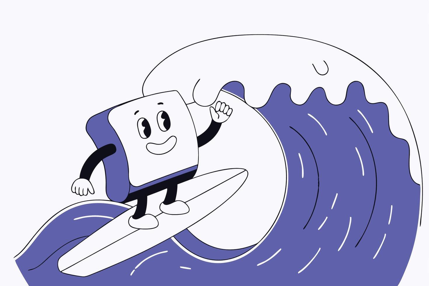 A friendly cartoon sandwich character enjoys surfing on ocean waves under the sun with a cheerful smile that brings joy and summer fun to any beach-themed design vector