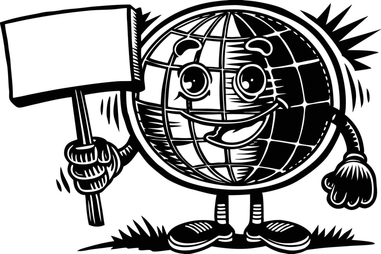 Friendly cartoon globe holding a blank sign with a playful and whimsical style, perfect for adding personalized messages or educational content vector
