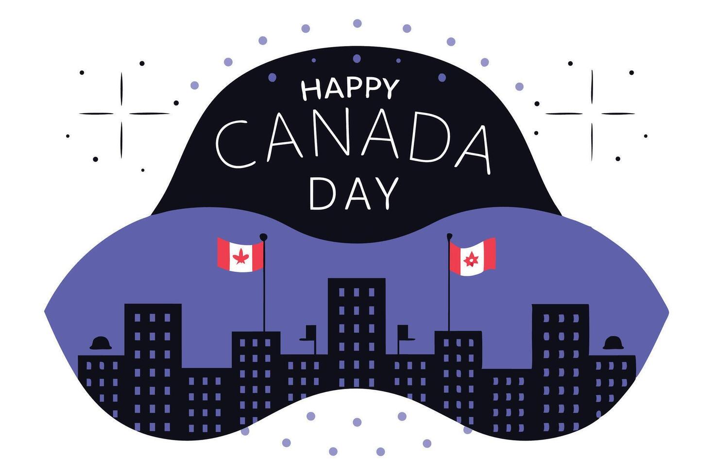 Amazing night cityscape scene with fireworks bursting in colors above buildings and Canadian flags flying high adding festive energy to the urban skyline vector