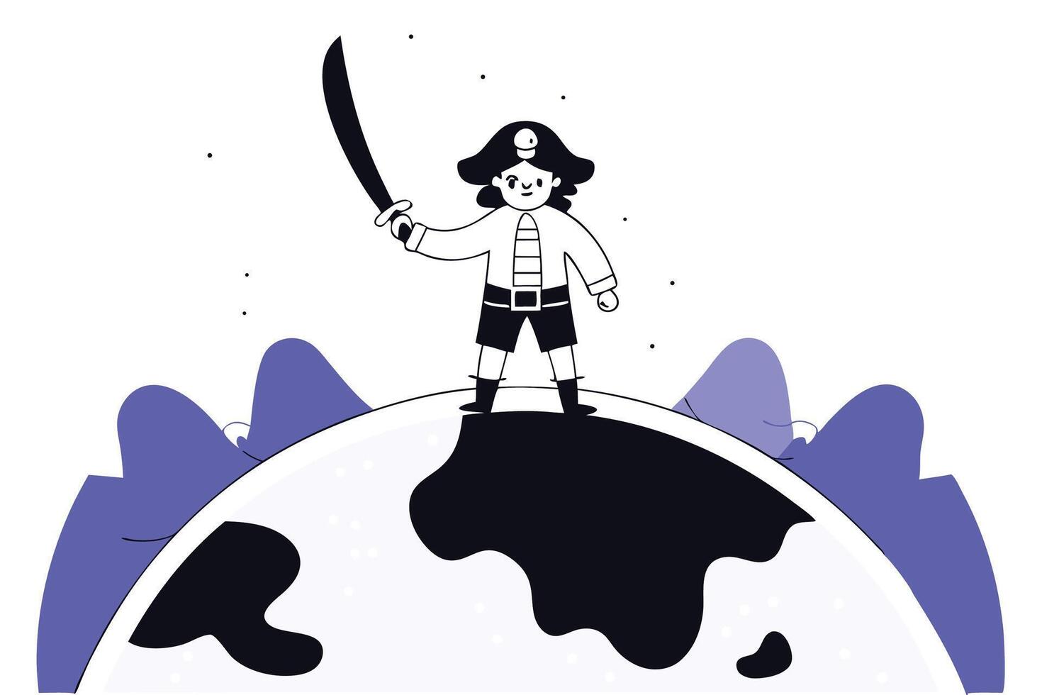 Playful cartoon pirate earth planet with green and blue colors, featuring a sword and hat, designed for adventurous and fun global-themed illustrations vector