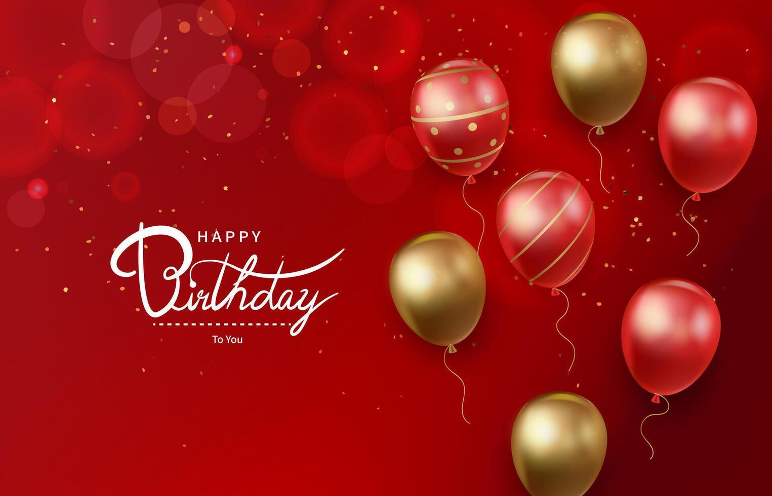 Birthday greeting card with a red background and gold and red balloons vector