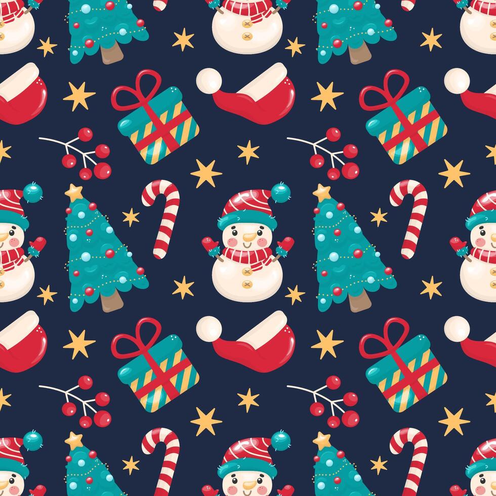 Seamless Christmas pattern with snowmen, gift boxes, Santa hats, trees, candy canes, and stars. Bright festive design on dark background, great for wrapping paper and holiday decor. vector