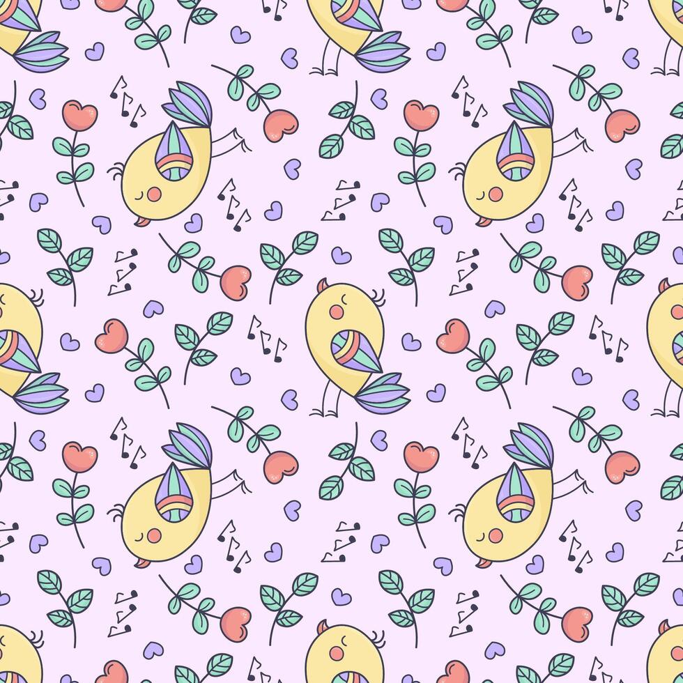 Seamless pattern with cute singing birds, heart flowers, and musical notes on a soft pink background. Hand drawn doodle style, perfect for kids fabric and spring design. vector