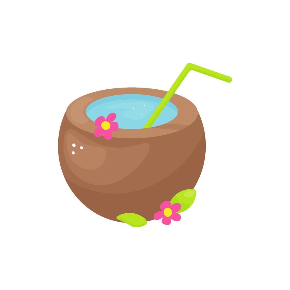Tropical coconut drink with pink flowers and straw vector