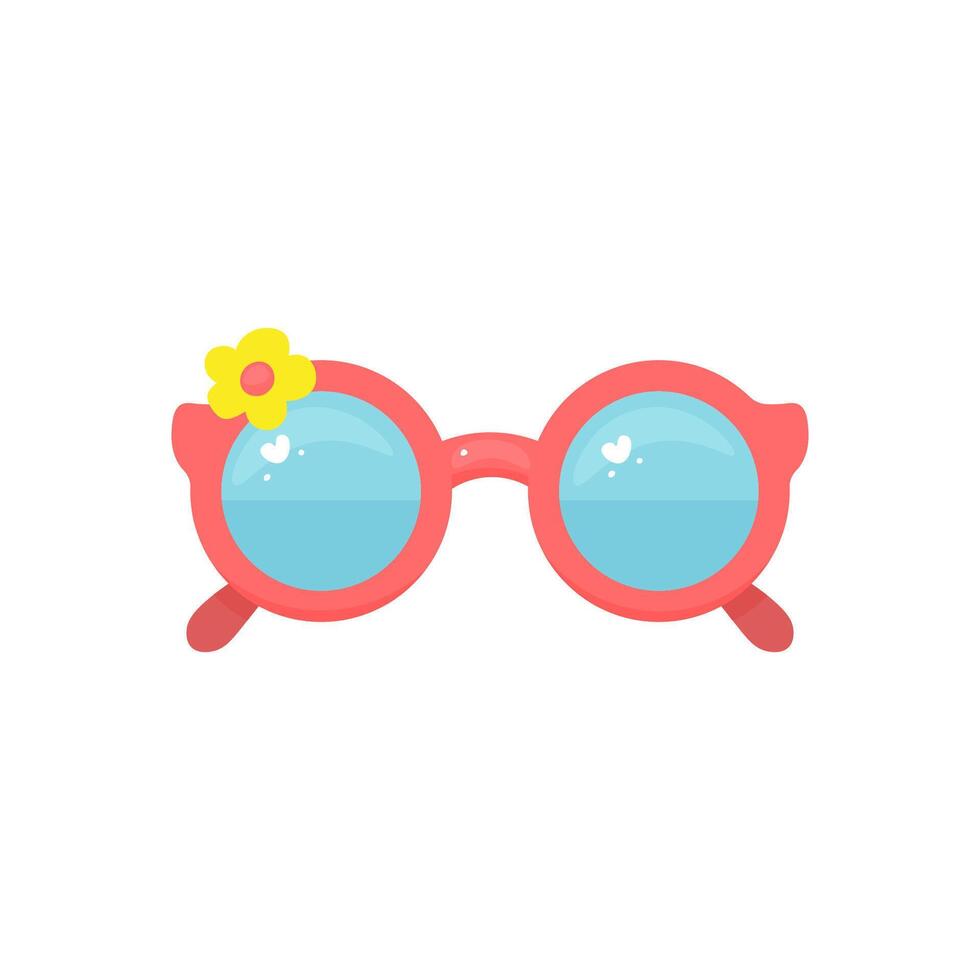 Summer sunglasses with blue lenses and pink frame, decorated with a yellow flower. hand-drawn illustration. vector