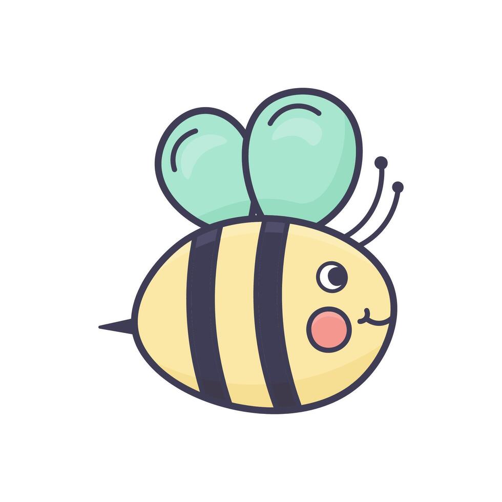 Cute bee in doodle style on white background. Yellow with black stripes and green wings. Perfect for kids designs, stickers, spring decor. Isolated stock . vector