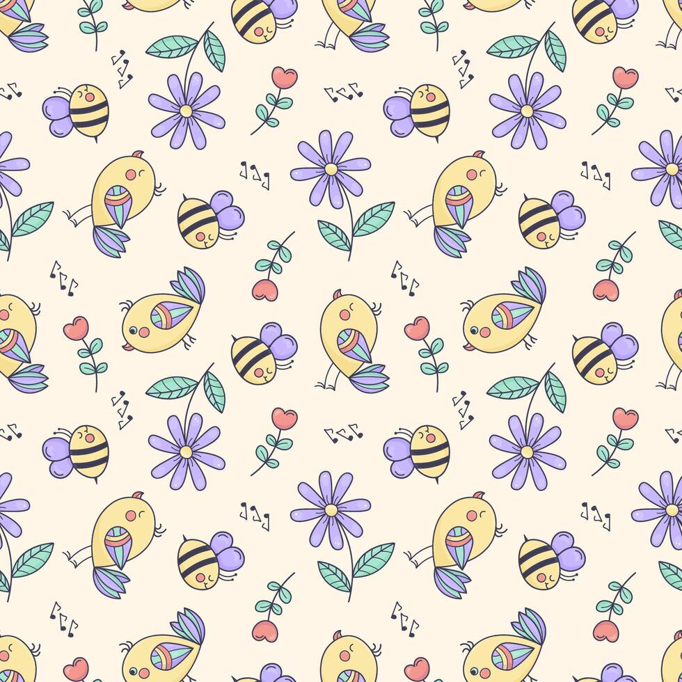 Seamless pattern with birds, musical notes, bees, and flowers in pastel colors on a light yellow background. Great for kids fabric, nursery wallpaper, baby clothes, stationery, gift wrap, and decor vector