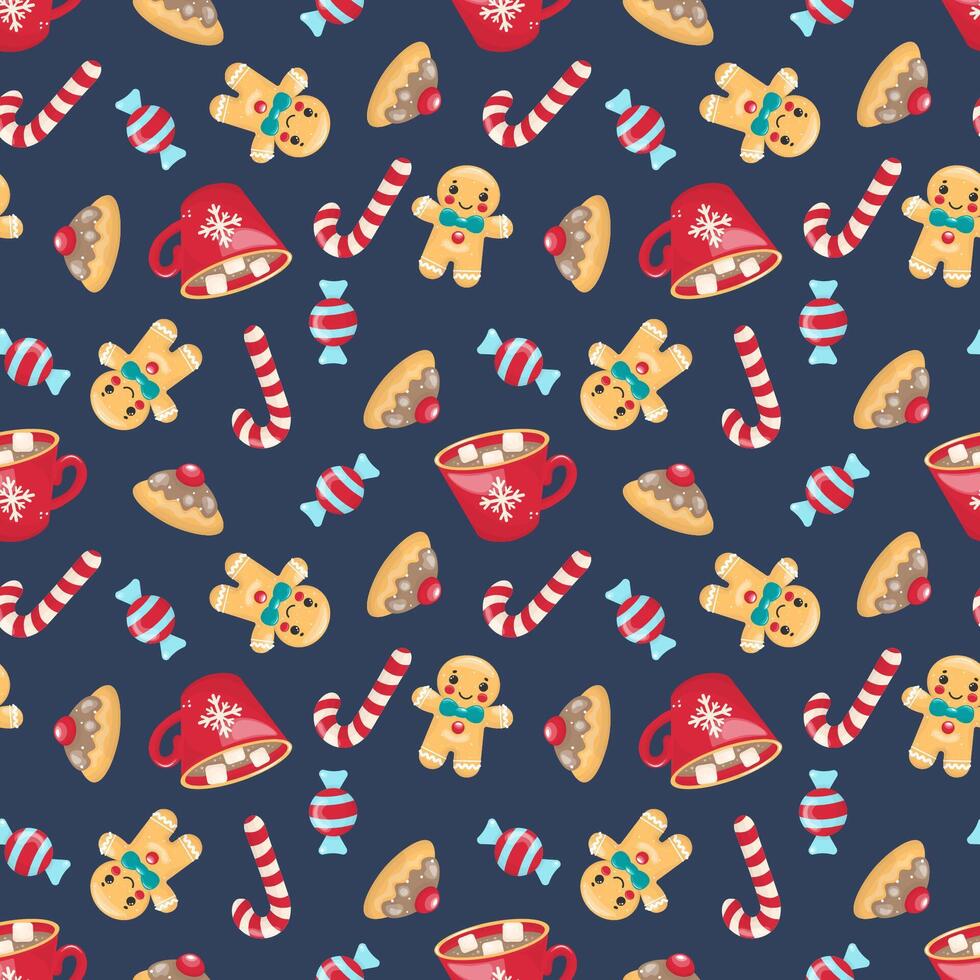 Seamless Christmas pattern with gingerbread men, candy canes, mugs, sweets, and pie slices. Bright hand drawn style on dark blue background. Perfect for wrapping paper, textiles, and decor. vector