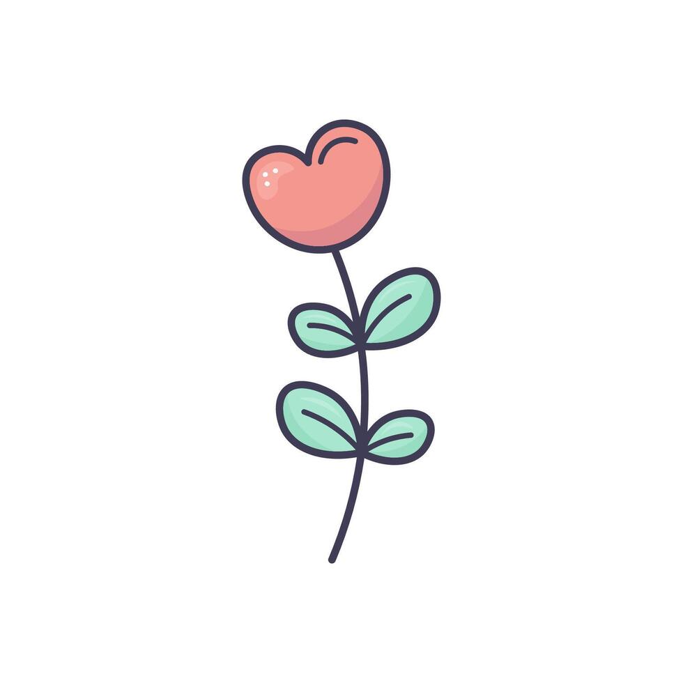 Cute hand drawn flower with a heart shaped bud and teal leaves. Simple doodle style illustration with bold outlines, perfect for Valentines Day, romantic designs, kids crafts vector