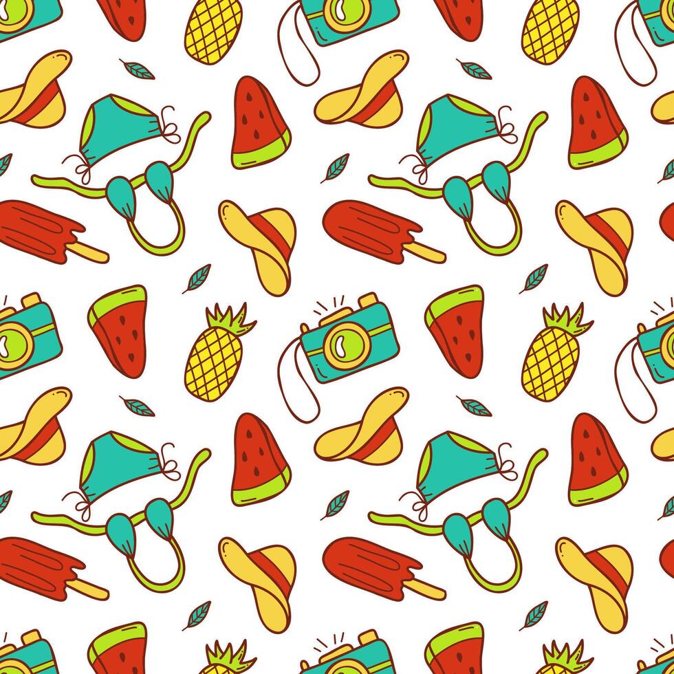 Bright seamless summer pattern with bikinis, hats, cameras, pineapples, watermelon slices, and ice cream. Fun hand drawn design perfect for beachwear, vacation prints, and textiles. vector