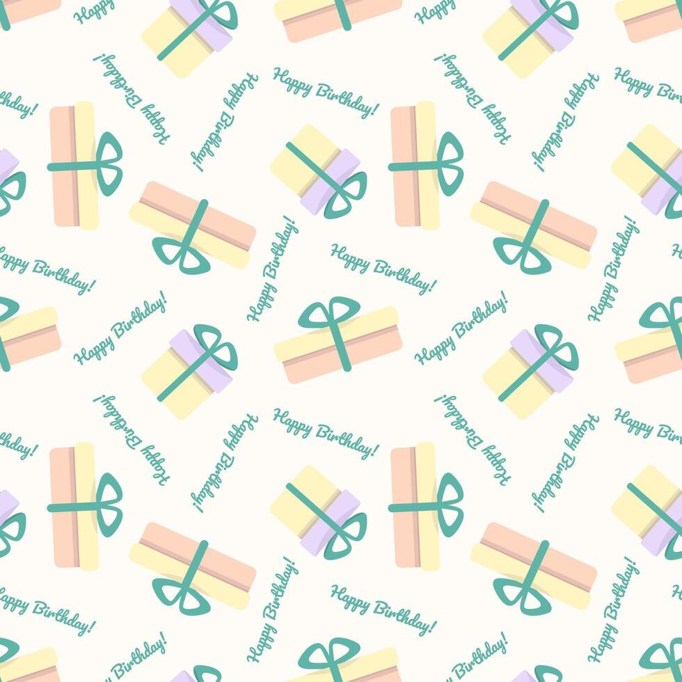 cute and colorful seamless pattern with handdrawn pastel gift boxes and handwritten Happy Birthday lettering. Perfect for wrapping paper, greeting cards, party invitations, backgrounds vector