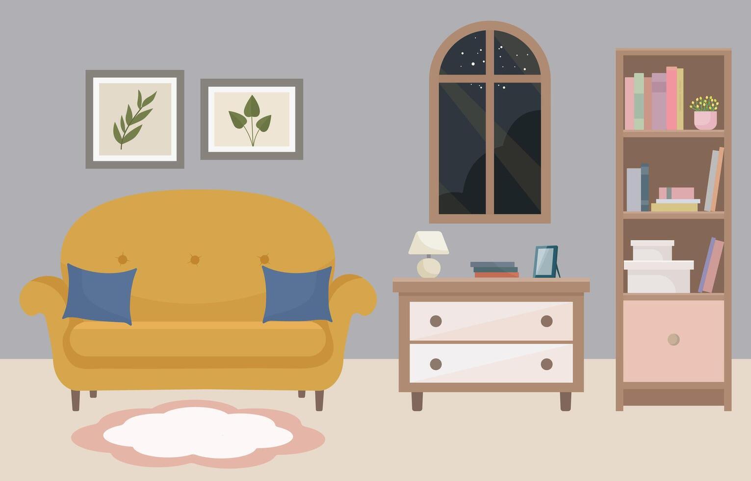Evening at home. Cozy living room with yellow sofa, window, bookshelf and home decor. Ideal for websites, social media and interior design projects. Home furniture. vector