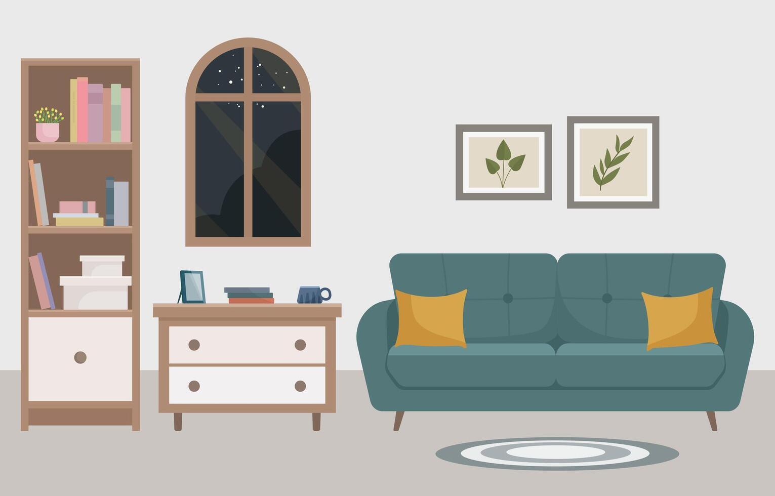 Illustration of a cozy living room interior in a modern style with a green sofa, chest of drawers, window. Ideal for interior design concepts, home decor, editorial content or website. vector